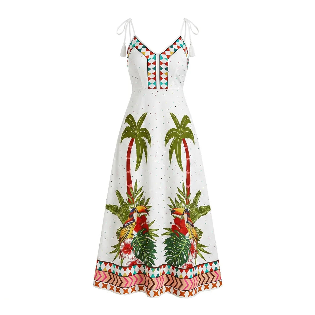 Palm Print Tie-Shoulder Maxi Dress