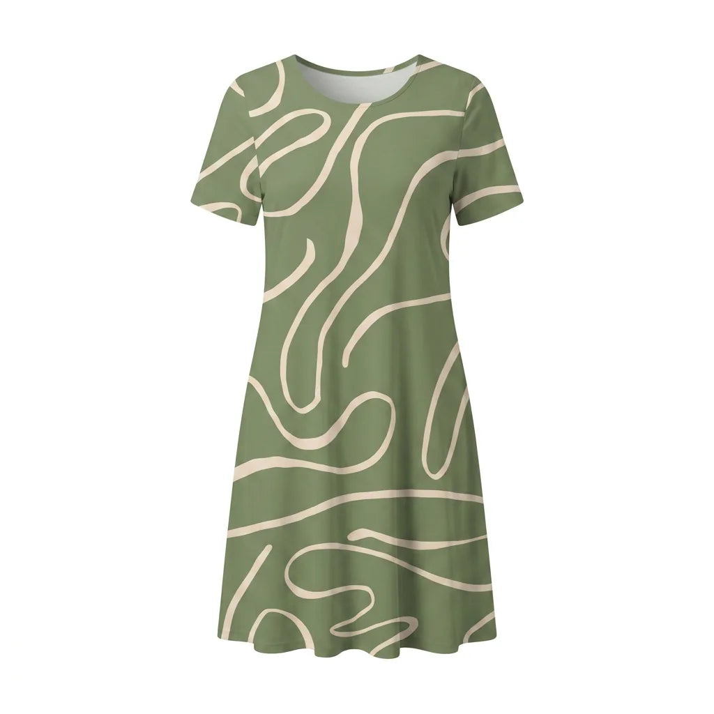 Printed O-Neck Shift Midi Dress