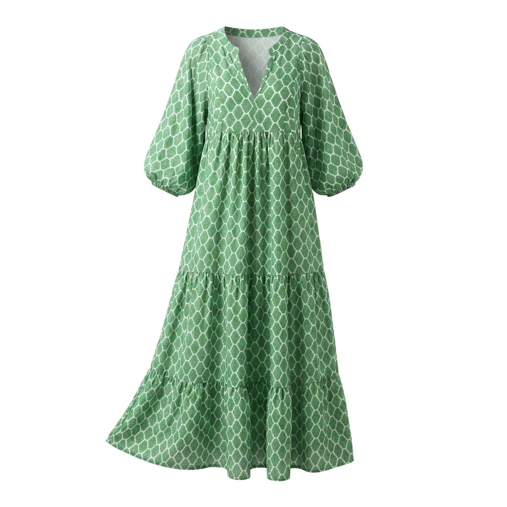 Printed Puff Sleeve Tiered Maxi Dress