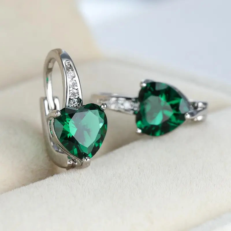 Aretes de Aro de Corazón Plata Esmeralda