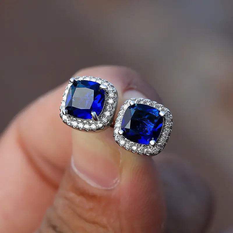 Aretes de Botón Halo Plata Zafiro