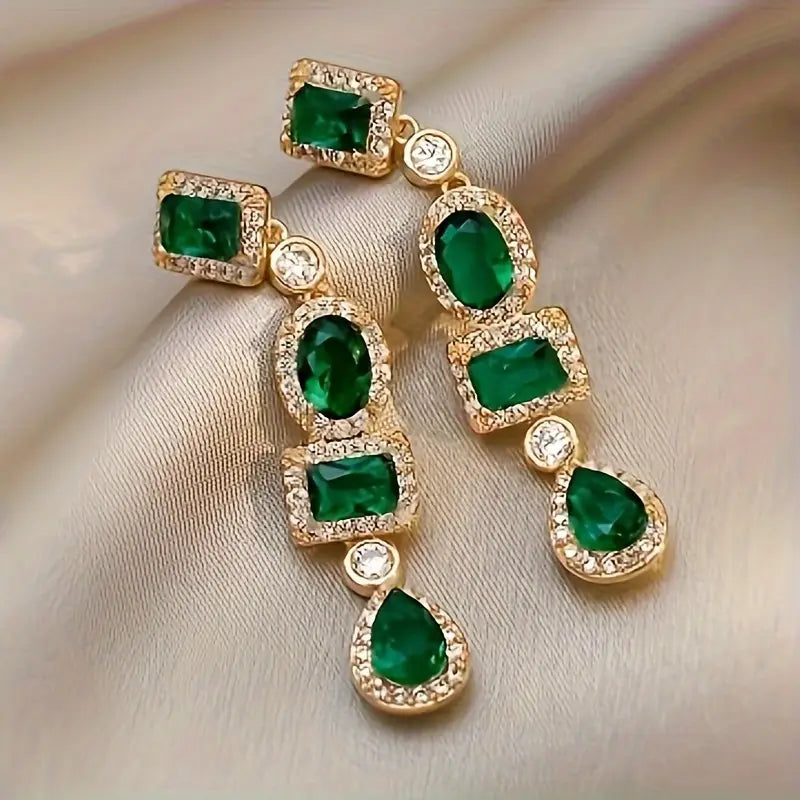 Aretes Colgantes Oro Esmeralda Multi Shape