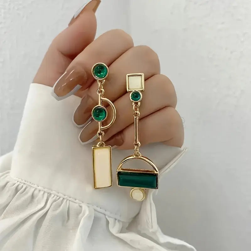Aretes Colgantes Oro Esmeralda Geometric