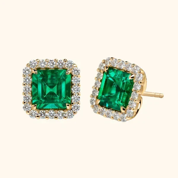 Aretes de Botón Cuadrados Halo Oro Esmeralda