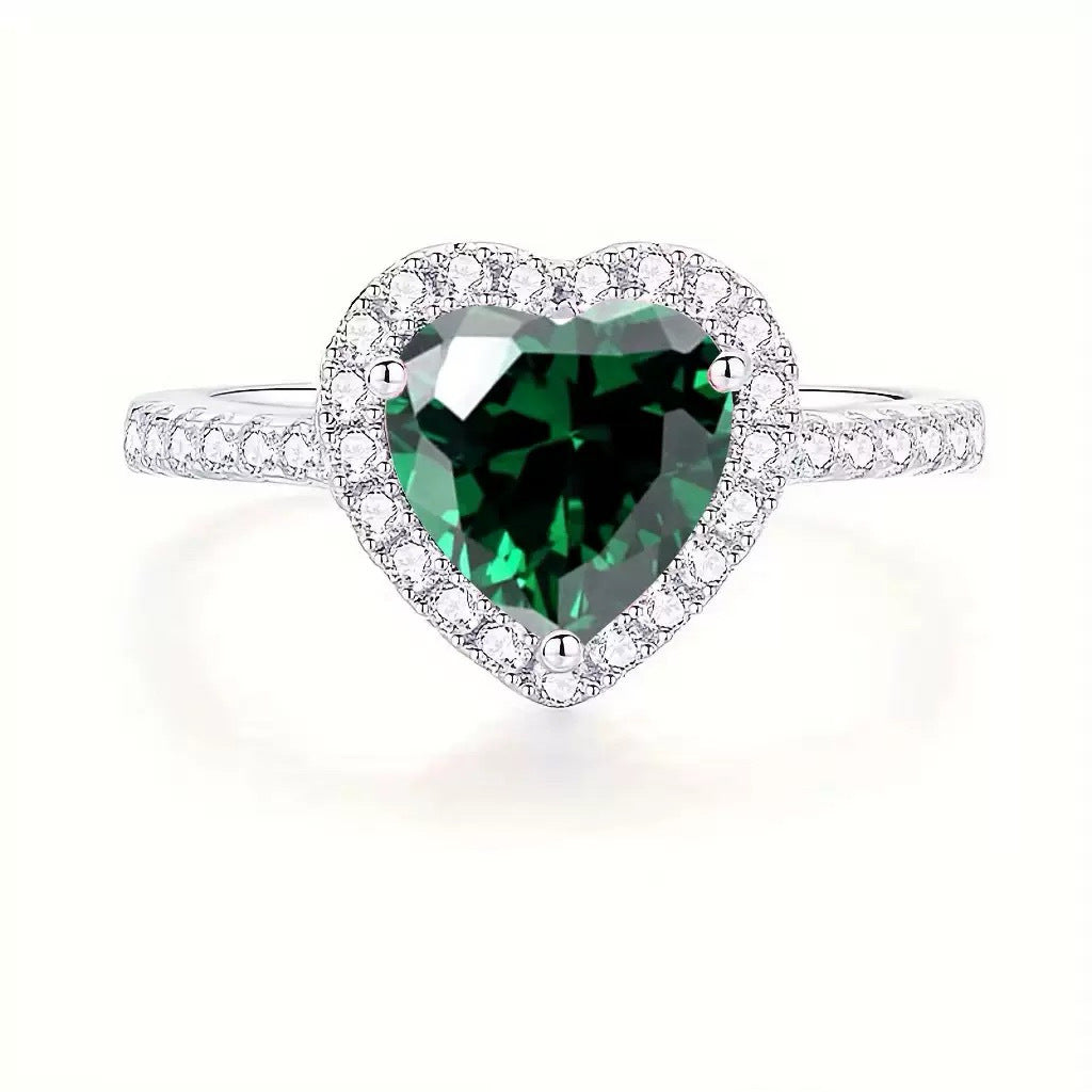 Anillo de Corazón Halo Plata Esmeralda