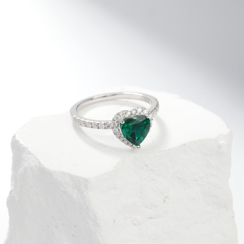 Anillo de Corazón Halo Plata Esmeralda