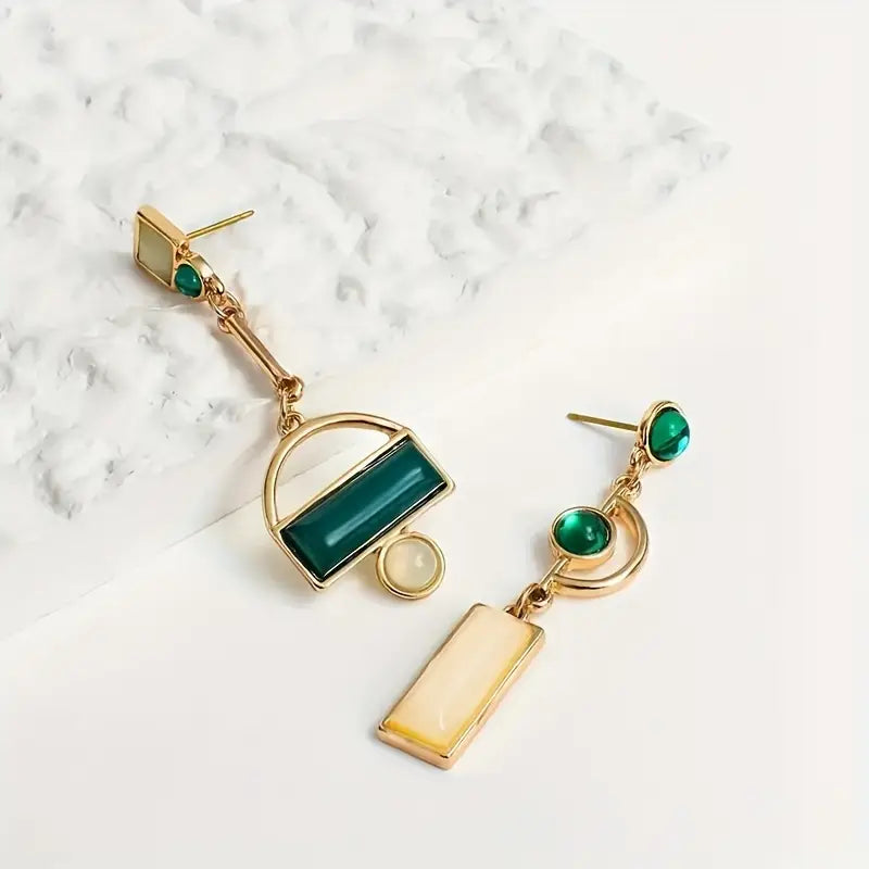 Aretes Colgantes Oro Esmeralda Geometric