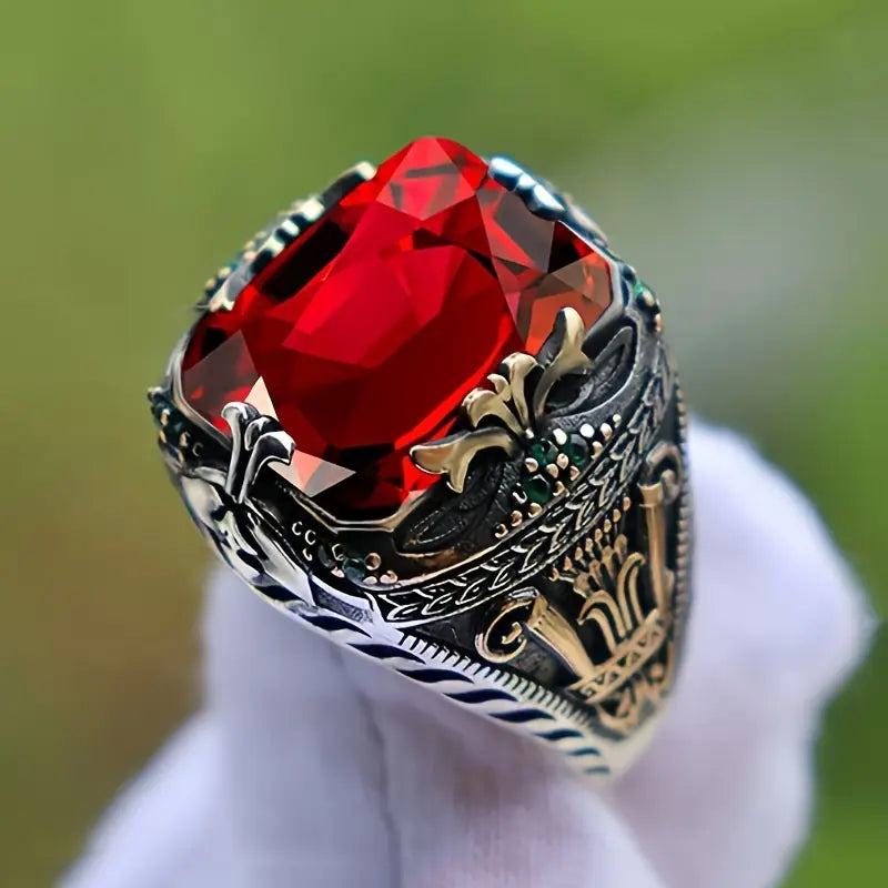 Anillo de Sello Plata Rubí Ornate