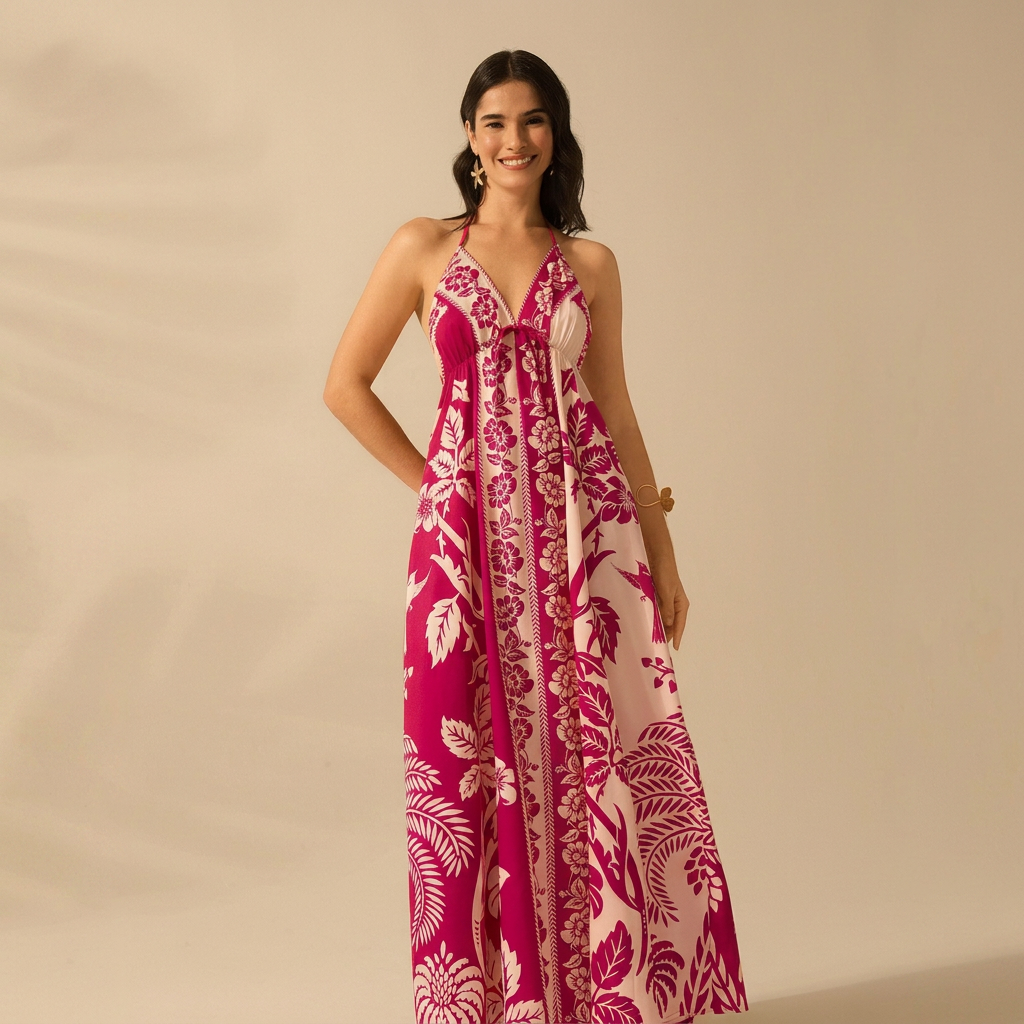 Tropical Print Tie-Front Maxi Dress