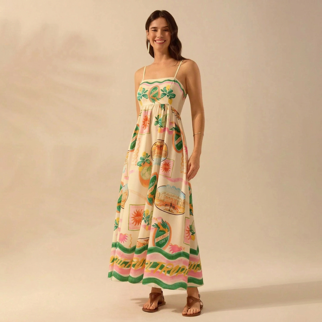 Scenic Print Smocked Maxi Dress