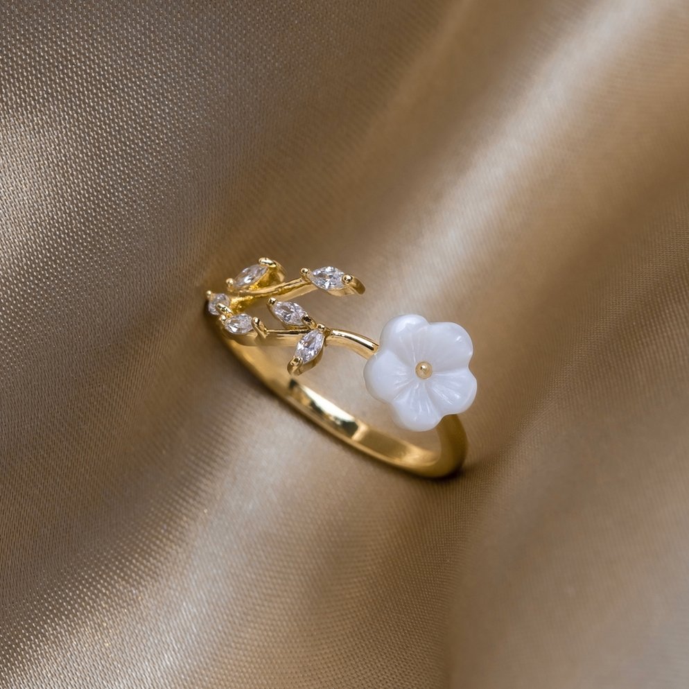 Anillo Abierto Floral de Hoja Oro