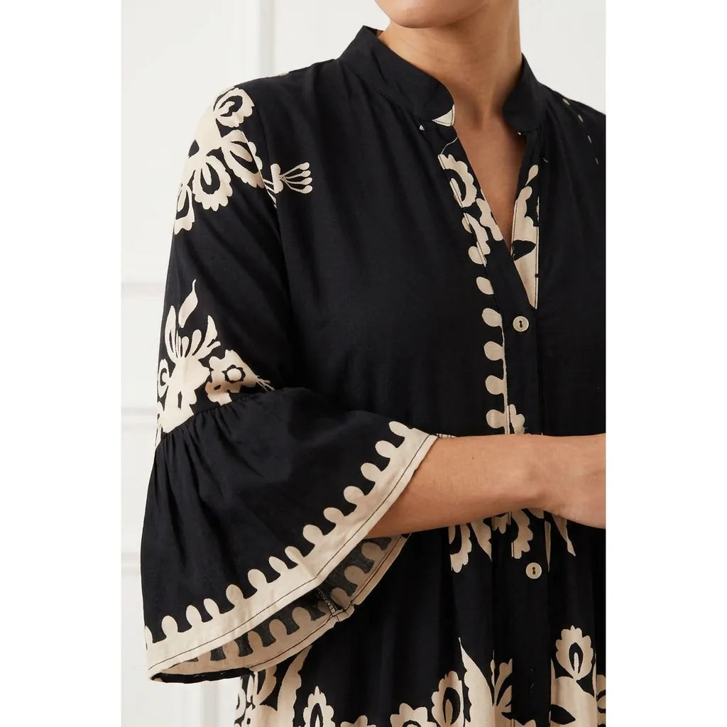Embroidered Boho Maxi Dress with Three-Quarter Sleeves