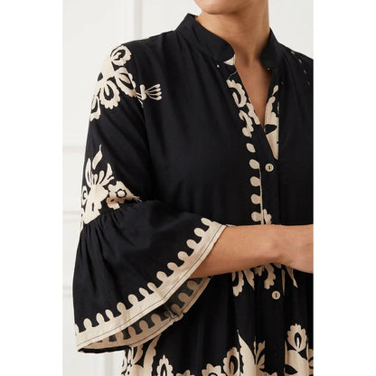 Embroidered Boho Maxi Dress with Three-Quarter Sleeves