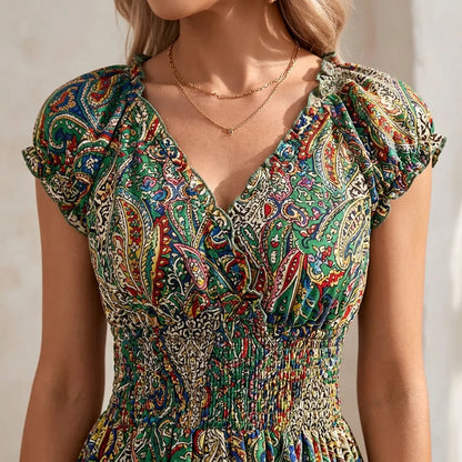 Printed Smocked V-Neck Tiered Maxi Dress