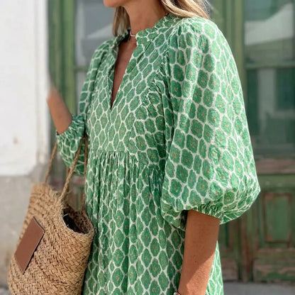 Printed Puff Sleeve Tiered Maxi Dress