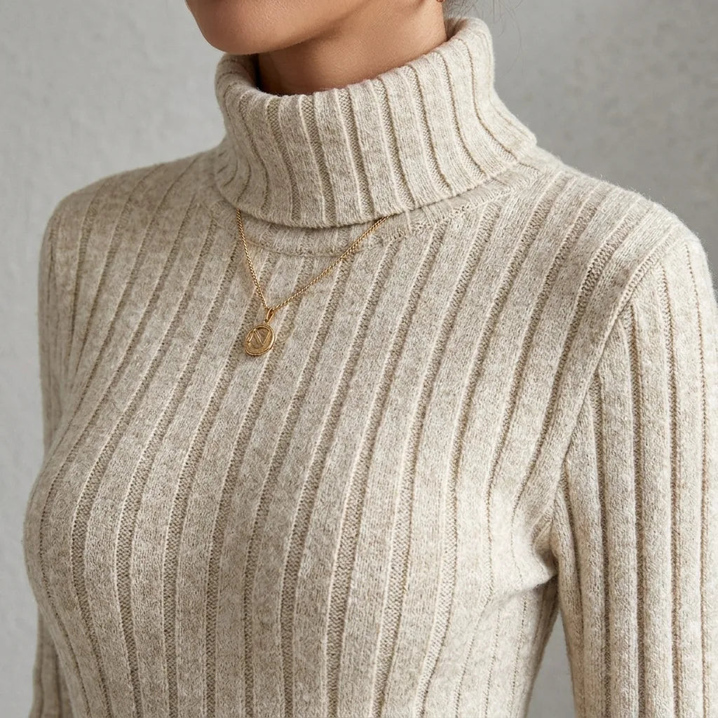 Ribbed Knit Turtleneck Midi Dress with Side Split