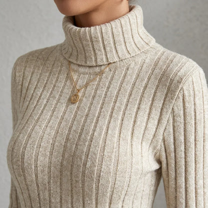 Ribbed Knit Turtleneck Midi Dress with Side Split