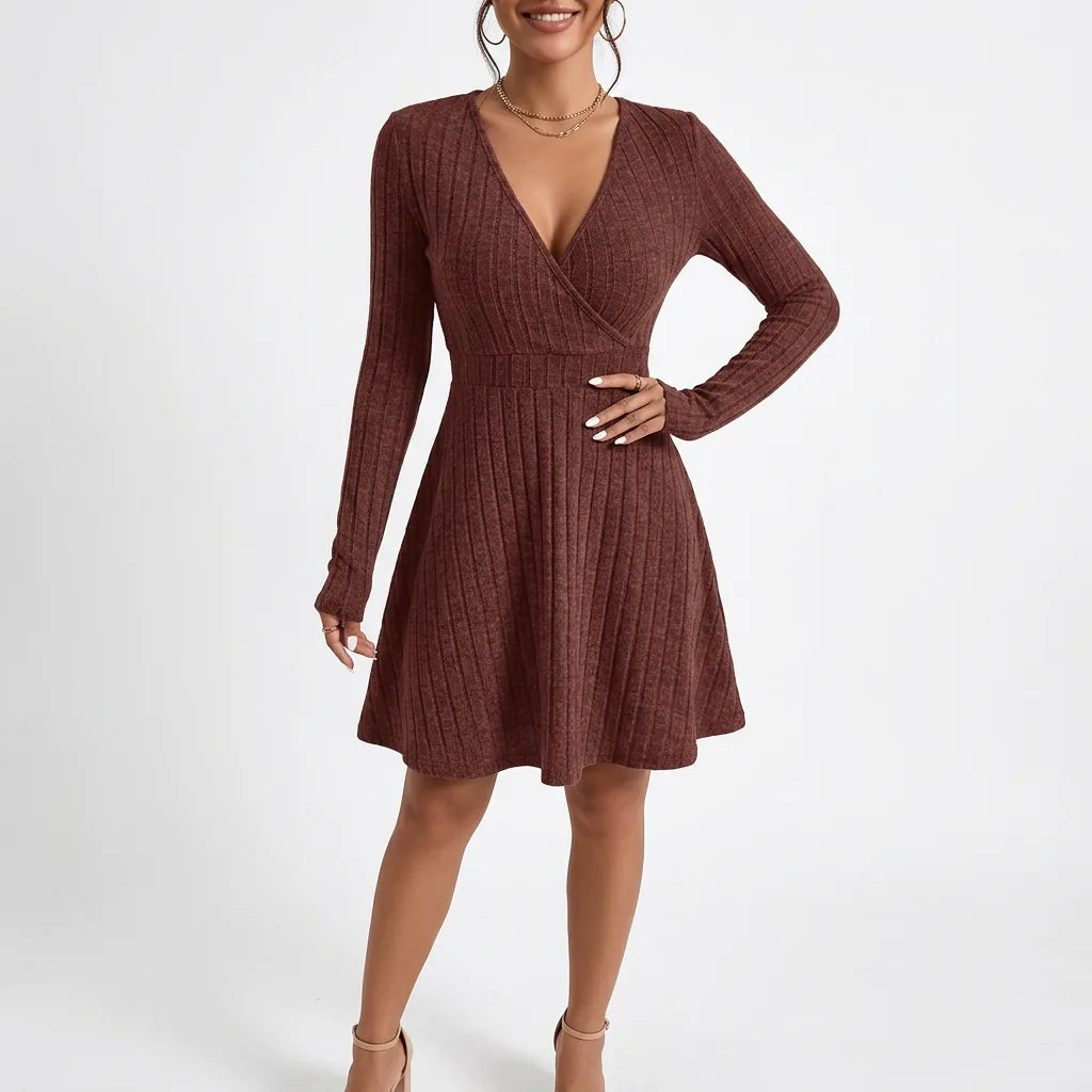 Ribbed Knit Wrap V-Neck Fit & Flare Dress