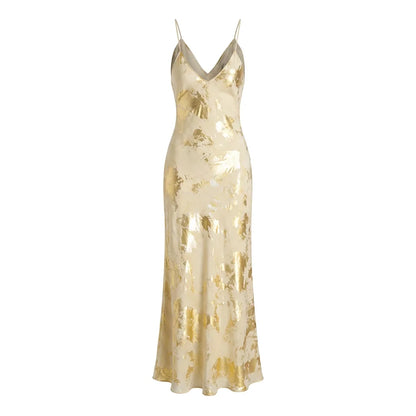 Metallic Gold V-Neck Slip Maxi Dress