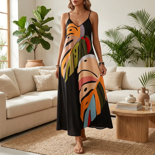Abstract Leaf Print Slip Maxi Dress