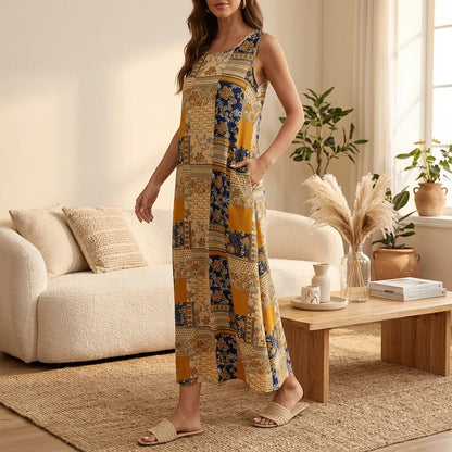 Patchwork Print Sleeveless Maxi Dress with Pockets
