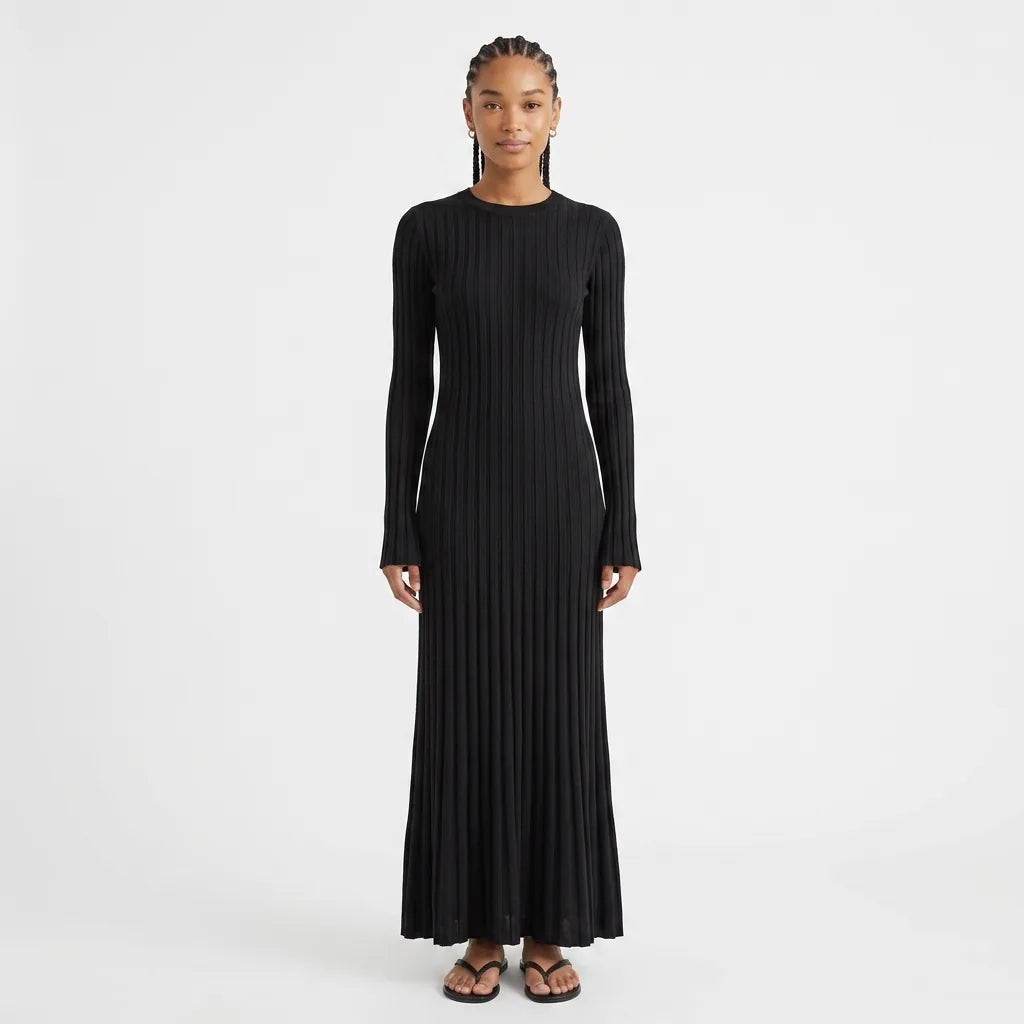 Ribbed Knit Round Neck Long Sleeve Maxi Dress