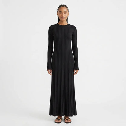 Ribbed Knit Round Neck Long Sleeve Maxi Dress