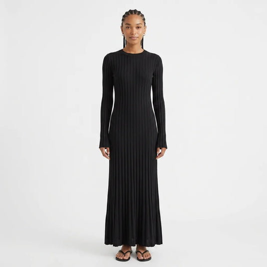 Ribbed Knit Round Neck Long Sleeve Maxi Dress