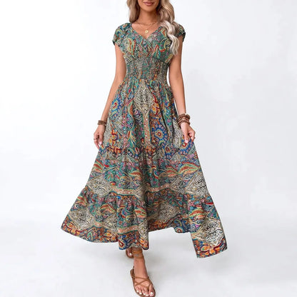 Printed Smocked V-Neck Tiered Maxi Dress