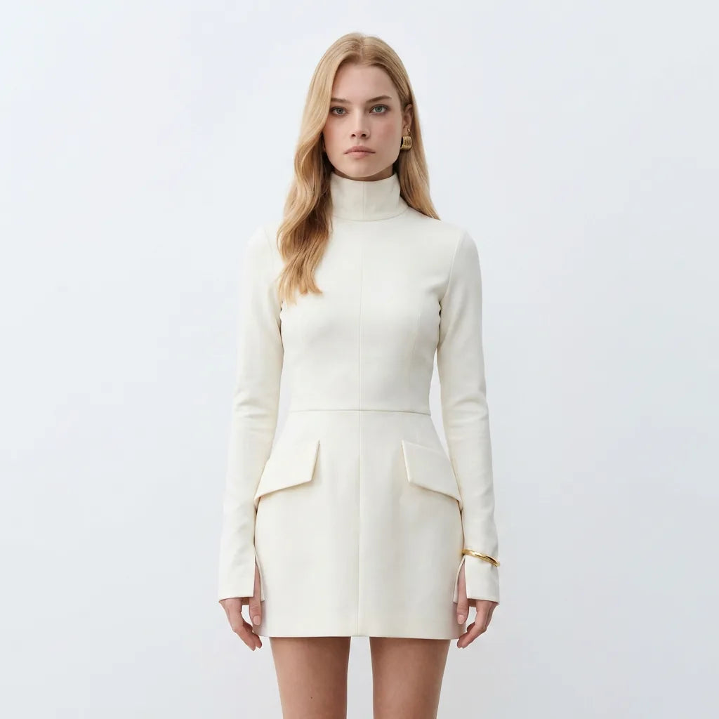Long Sleeve High Neck Mini Dress with Pocket Flap Detail
