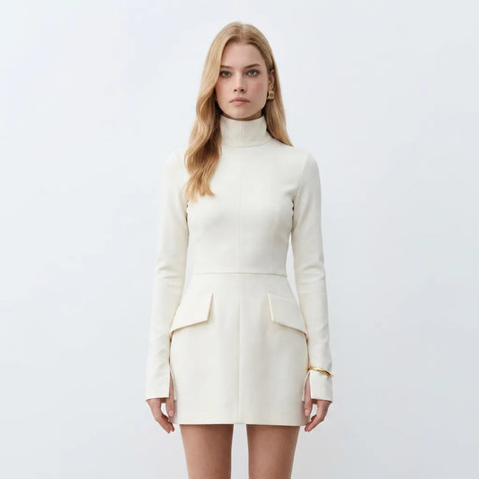 Long Sleeve High Neck Mini Dress with Pocket Flap Detail