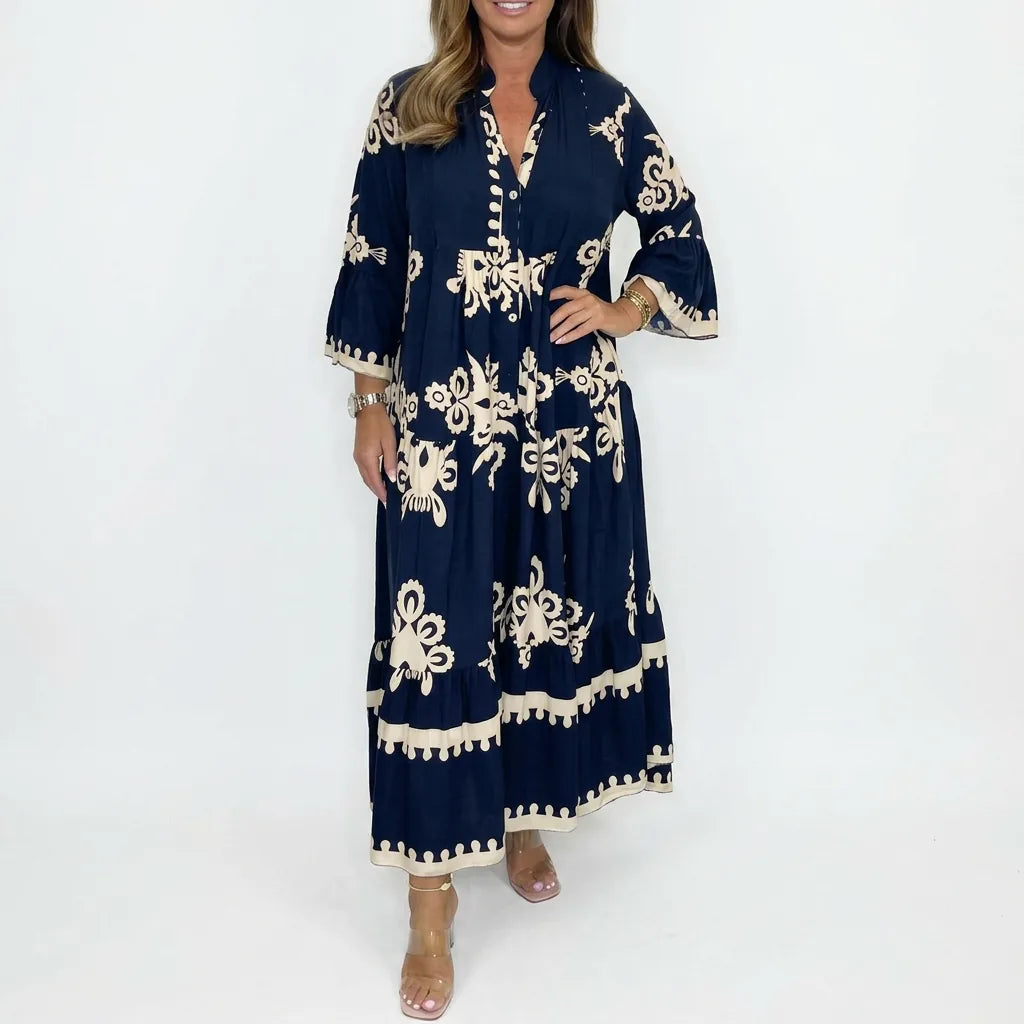 Embroidered Boho Maxi Dress with Three-Quarter Sleeves