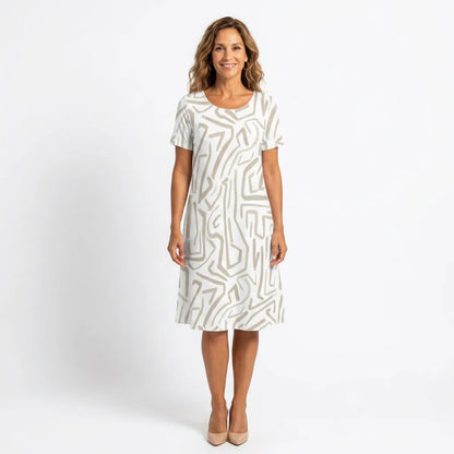 Printed O-Neck Shift Midi Dress