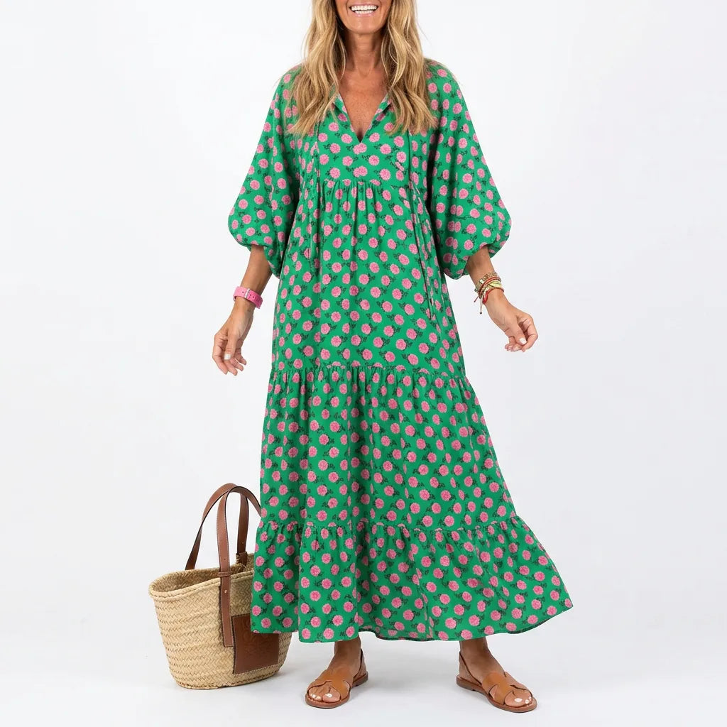 Printed Puff Sleeve Tiered Maxi Dress