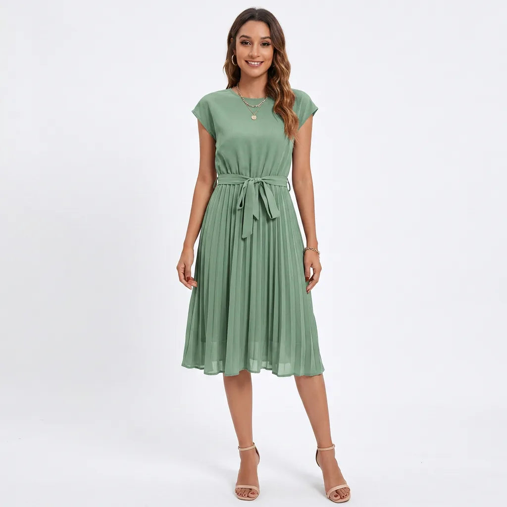 Pleated Tie-Waist Midi Dress