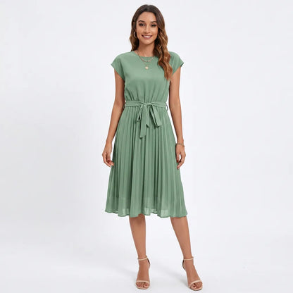 Pleated Tie-Waist Midi Dress