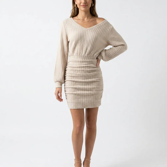Ribbed Knit Off-Shoulder Wrap Mini Dress