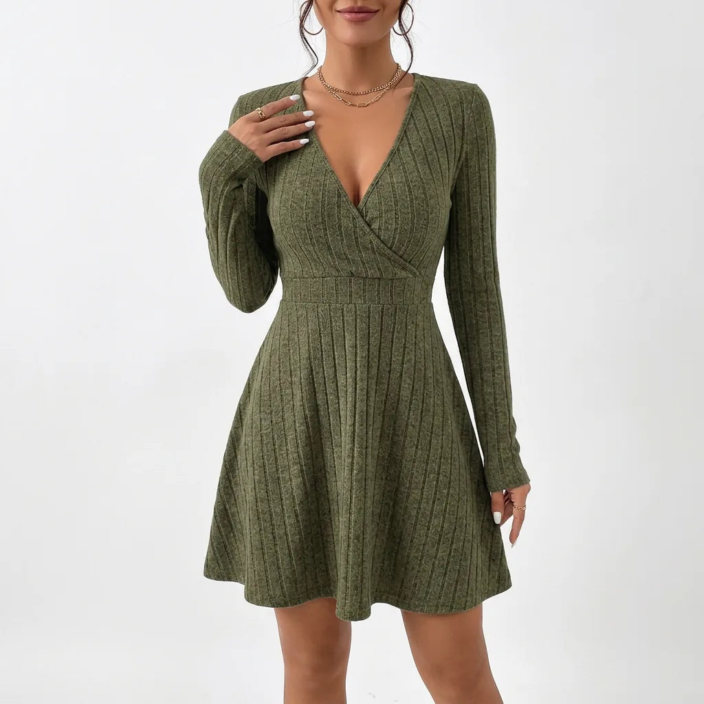 Ribbed Knit Wrap V-Neck Fit & Flare Dress