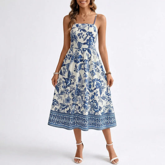 Toile Print Tie-Strap Midi Dress