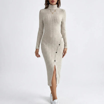 Ribbed Knit Turtleneck Midi Dress with Side Split