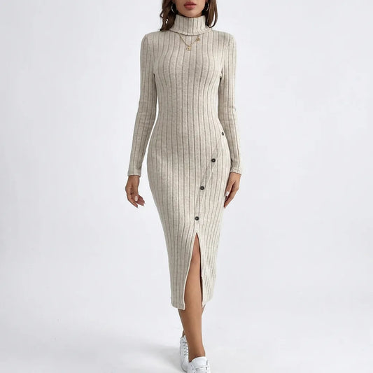 Ribbed Knit Turtleneck Midi Dress with Side Split