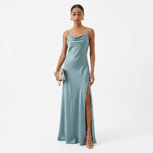 Satin Cowl-Neck Slip Dress with Open Back