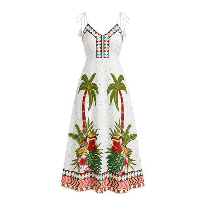 Palm Print Tie-Shoulder Maxi Dress