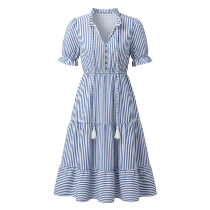 Striped Button-Front Tiered Midi Dress