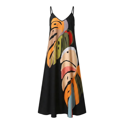 Abstract Leaf Print Slip Maxi Dress
