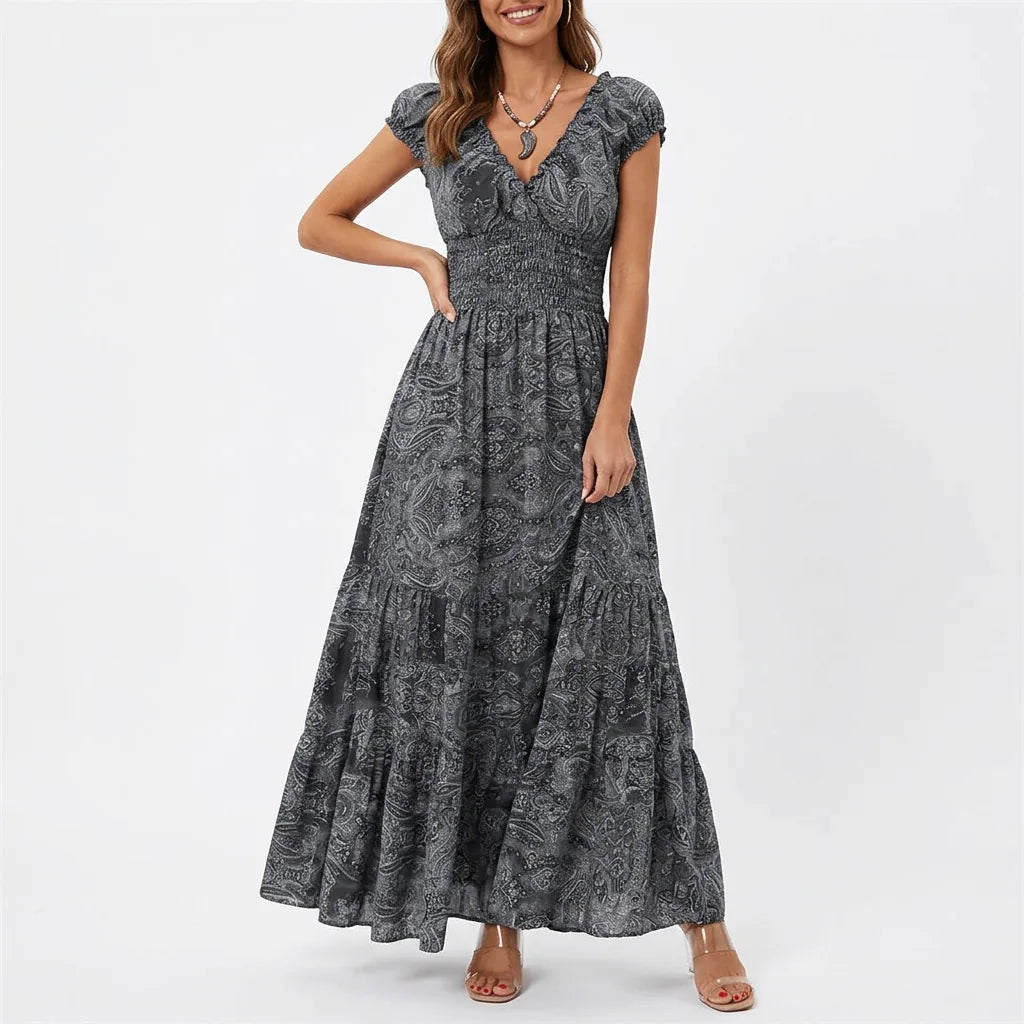 Printed Smocked V-Neck Tiered Maxi Dress