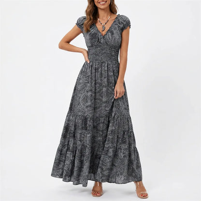 Printed Smocked V-Neck Tiered Maxi Dress