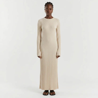 Ribbed Knit Round Neck Long Sleeve Maxi Dress