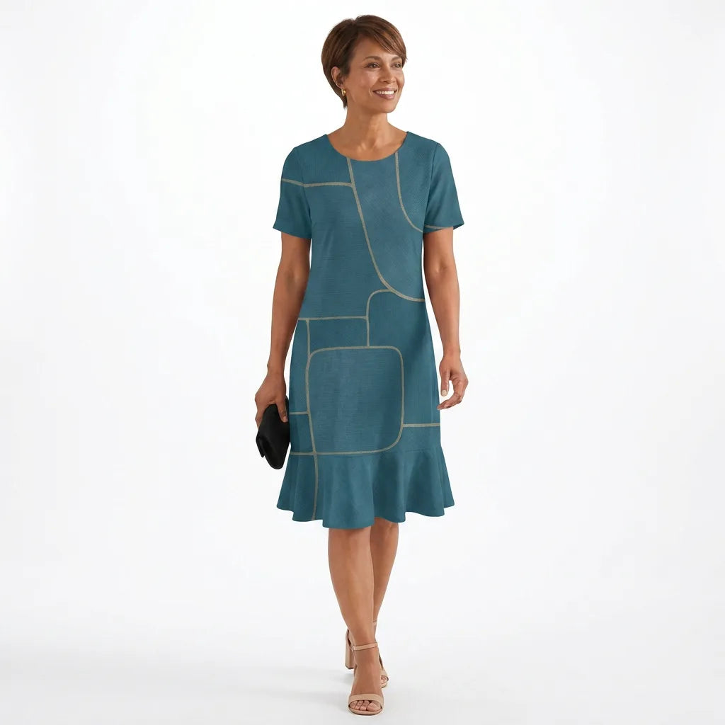 Printed O-Neck Shift Midi Dress
