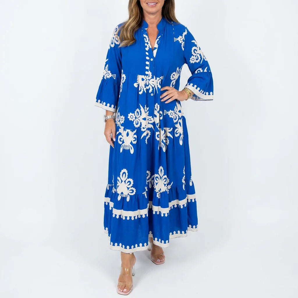 Embroidered Boho Maxi Dress with Three-Quarter Sleeves